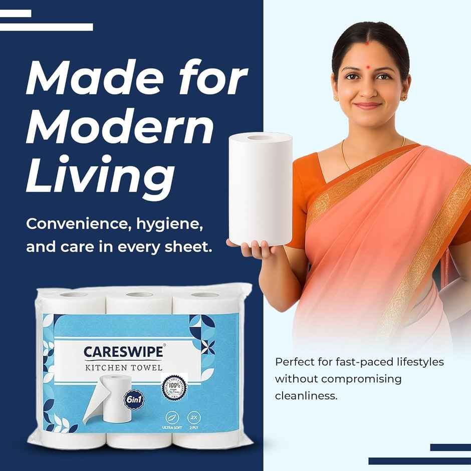 Careswipe 6 Rolls 2 Ply Kitchen Tissue Paper Roll 60 Sheet Per Roll