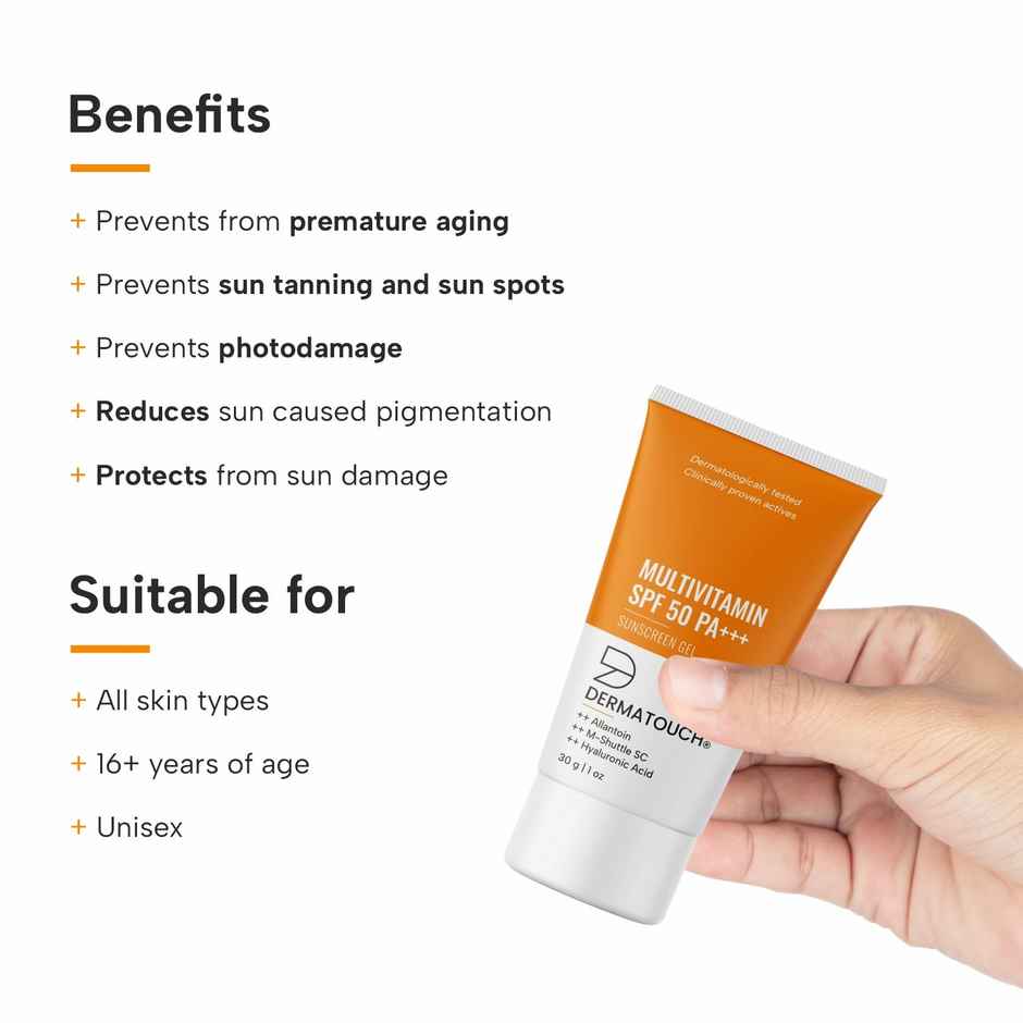 Dermatouch Multivitamin SPF 50 PA+++ Sunscreen Gel UVA-UVB Protection Zero White Cast Unisex