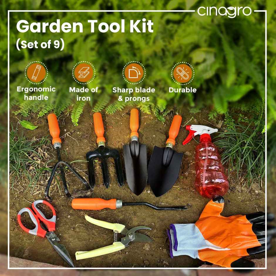 Cinagro Garden Tools- 9 Pcs, Weeder, 2 Trowels, Hand Fork, Cultivator, Scissor, Pruner,Glove, Spray