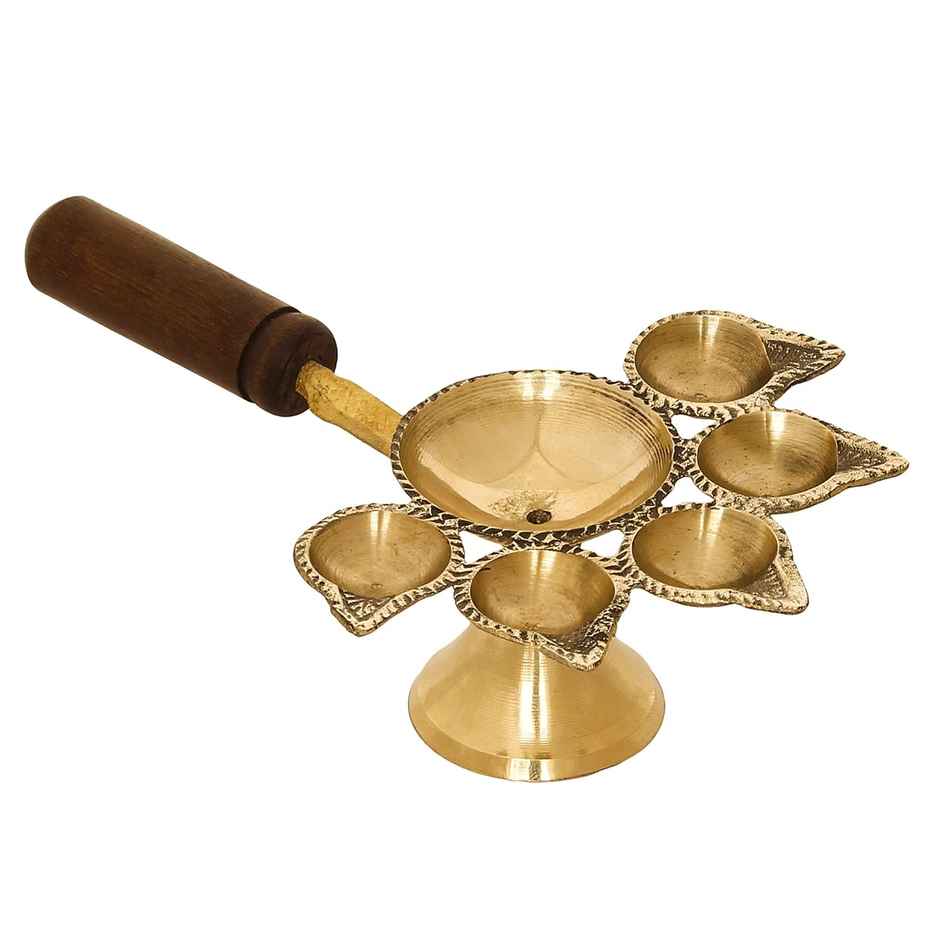 Ecraftindia Set Of 2 Golden Brass Panchdeep Diyas For 5 Cotton Wicks With Wooden Holder