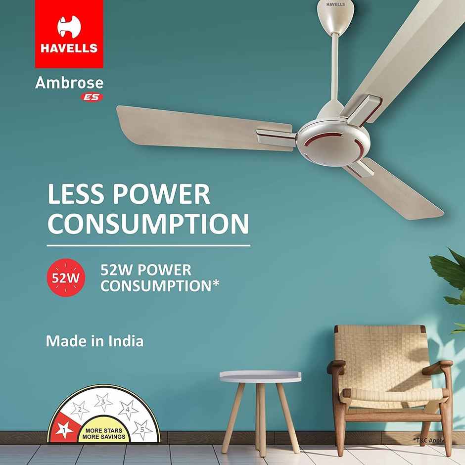 Havells Ambrose ES Ceiling Fan, 1200mm, Energy Saving, 100% Pure Copper Motor, Gold Mist Wood