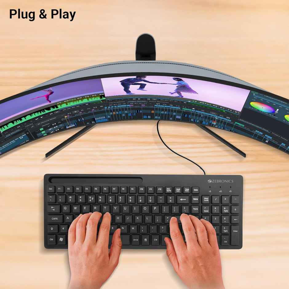 Zebronics K36 Wired Keyboard, 106 Keys, Smartphone Holder, 1.2M Cable Length, Rupee Key - Black