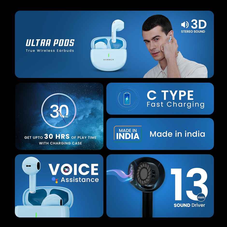 Hammer Ultra Pods True Wireless Earbuds| 13Mm Dynamic Drivers| 30H Playtime - Blue