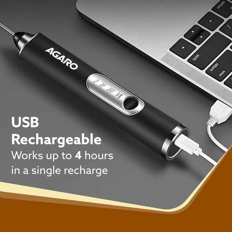 AGARO Royal Milk Frother | 3-Speed Electric Frother With Whisk | Stand-up Design | Rechargeable | Stainless Steel - Black