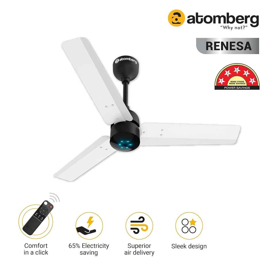 Atomberg Renesa BLDC Ceiling Fan,900mm,Remote Control,BEE 5 Star Rated,LED Indicators,White & Black
