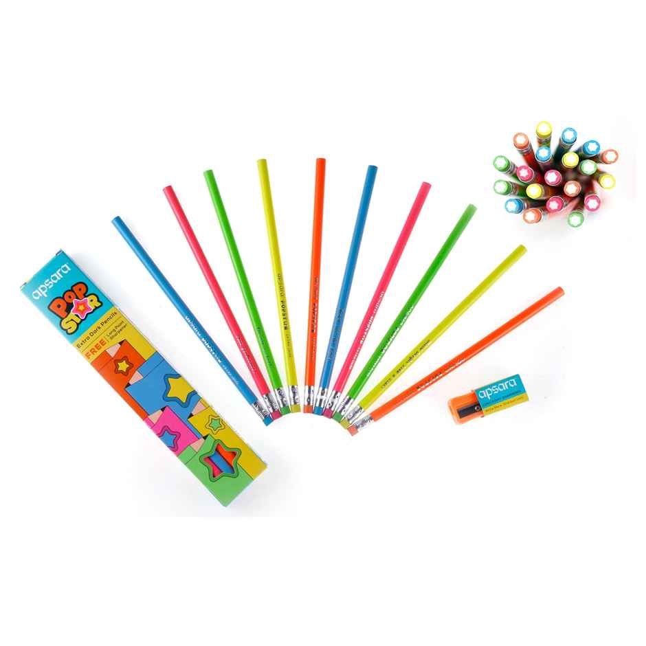 Apsara Popstar Pencils 5 Neon Shades With Extra Dark Lead & Star Rubber Tip