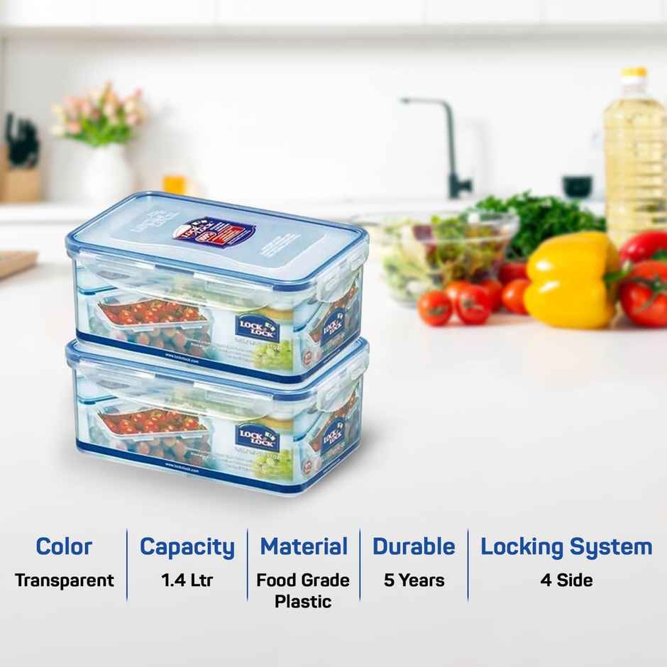 LocknLock HPL817H Classics Rectangular Plastic Airtight Storage Containers | Transparent - 1.4 L