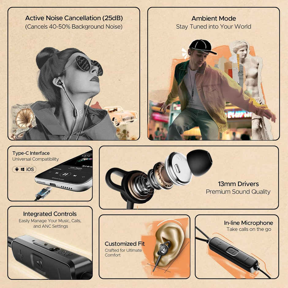 boAt Bassheads 122 ANC Wired in Ear Earphones with 25Db Active Noise Cancellation, 13Mm Drivers, Ambient Mode, Type-C Jack, in-Line Microphone, Snug Fit & Multi-OS Compatibility - Black