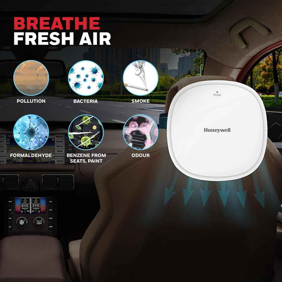 Honeywell Move Pure3 8Watt Car Air Purifier, Hepa filter & Formaldehyde which removes 99.9% dust & smoke, with 3xUSB ports - White