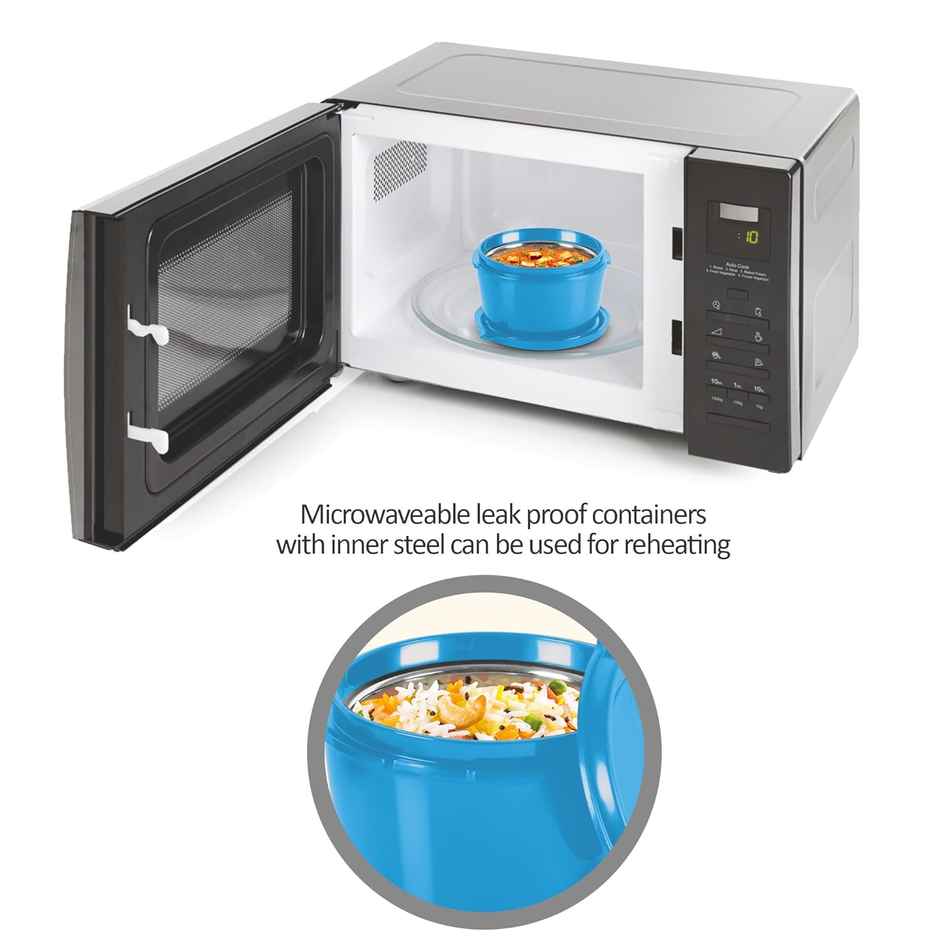 Milton Pro Lunch Box (3 Inner Steel Containers, 1 Plastic Dabba, Bottle, & Spoons) With Bag, Blue