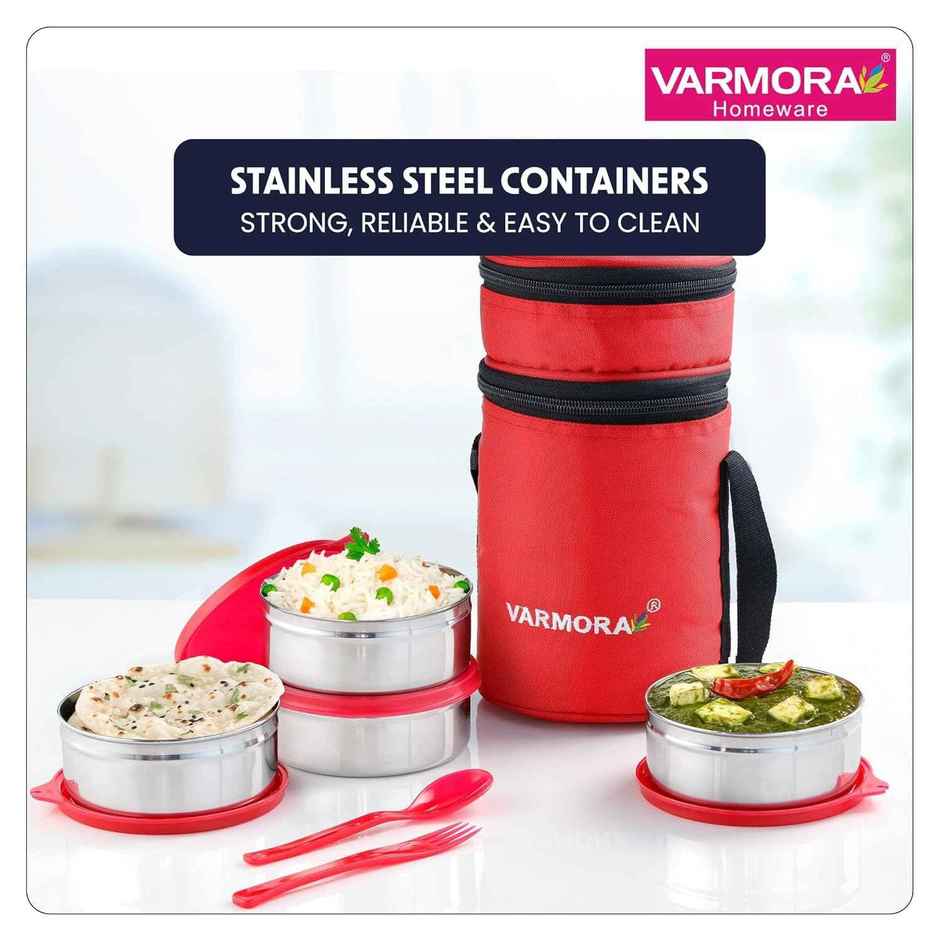 Varmora SS Quattro Lunch Box, Raspberry Pink- 4 Storage Containers (390 ml ) with Spoon and Fork