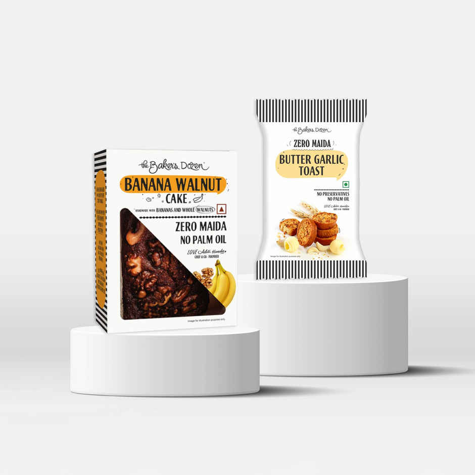 The Baker'S Dozen Wholewheat Banana Walnut Cake (150g) & The Baker'S Dozen Zero Maida Butter Garlic Toast Baked Snack No Palm Oil No Preservatives 100% Wholewheat (90g) Combo