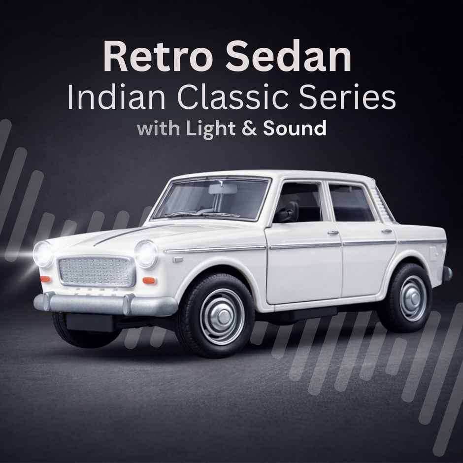 Race n Roll Light & Sound Retro Sedan Toy Car Pull back Vehicle Fia White
