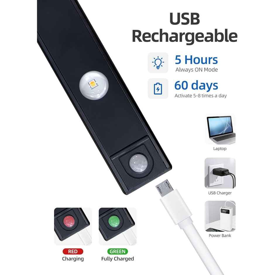 Desidiya Under The Cabinet Lights 40 Cm|Usb Rechargeable, Magnetic, Wireless- Aluminium, Led, White