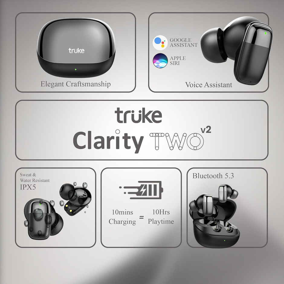 truke Clarity 2 V2 Truly Wireless Bluetooth Earbuds 6Mic Adv.ENC, 68H Battery - Metal Black