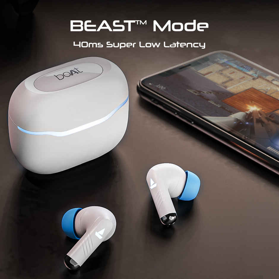 boAt Immortal 125 TWS Earbuds for Gaming w/ 40H Playtime, BEAST Mode & RGB LEDs | White Sabre