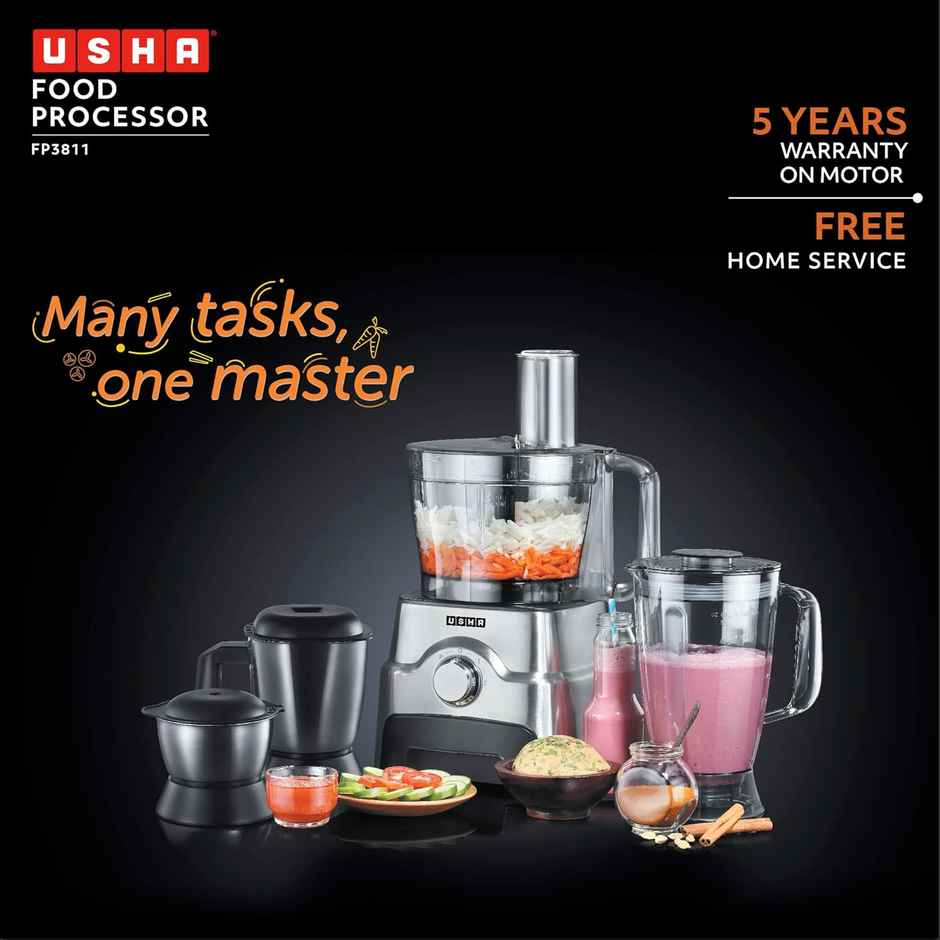 Usha Food Processor 3811 | 1000W Copper Motor | 3 Jars | Centrifugal Juicer | SS Finish - Black