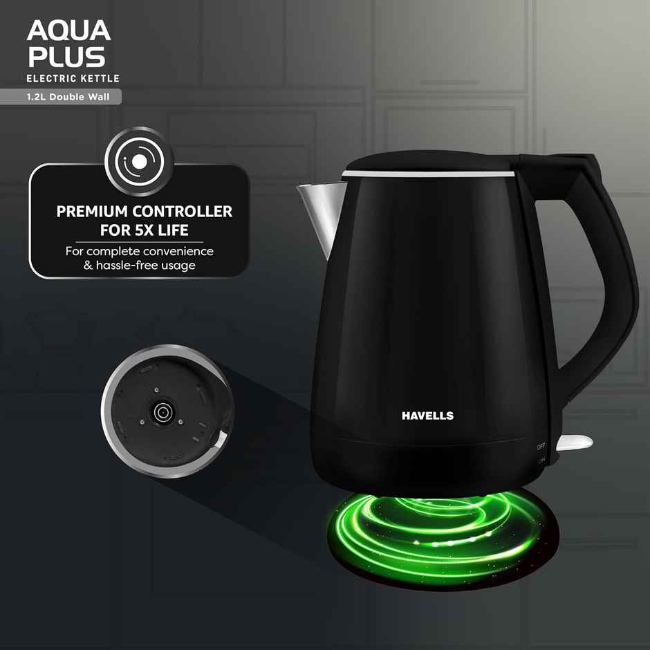 Havells Aqua Plus Electric Kettle 1.2 Litre, 1250 Watt,  304 Stainless Steel Inner Body, Cool Touch Body,  Auto Shut-Off - Black