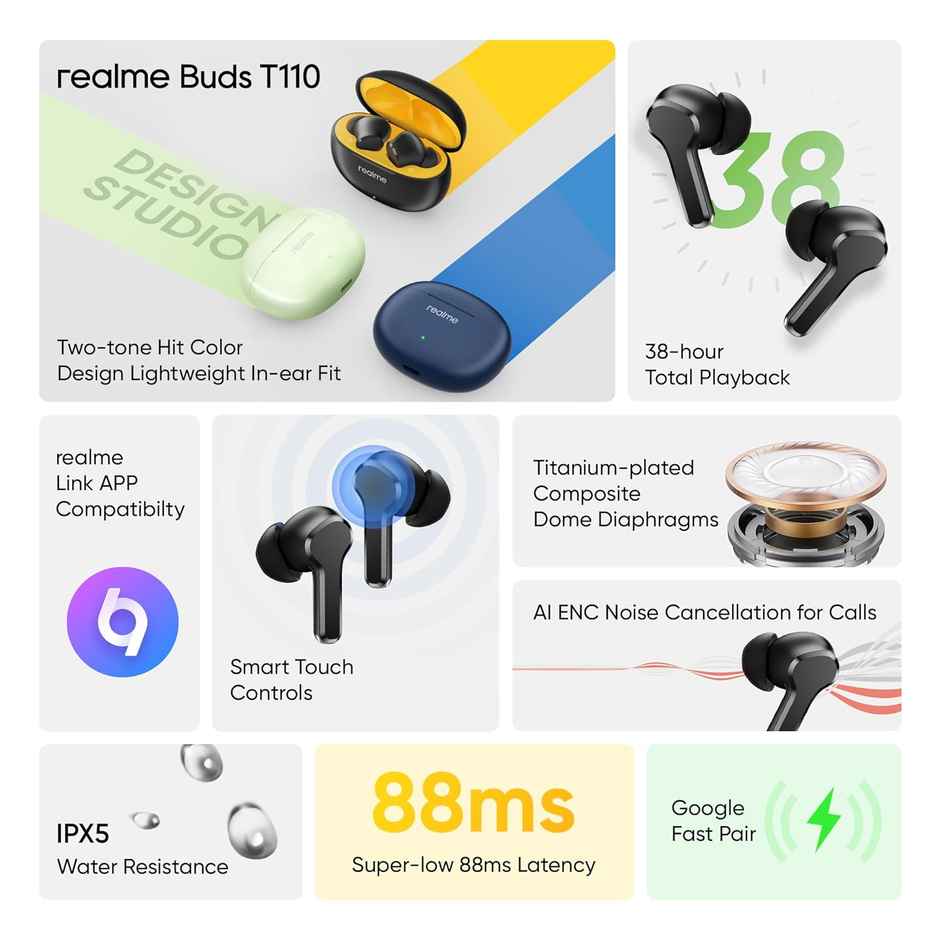 Realme Buds T110 TWS in Ear Earbuds with mic, AI ENC for Calls, Google Fast Pair, 38H Playback with Fast Charging and Low Latency Gaming Mode - Punk Black