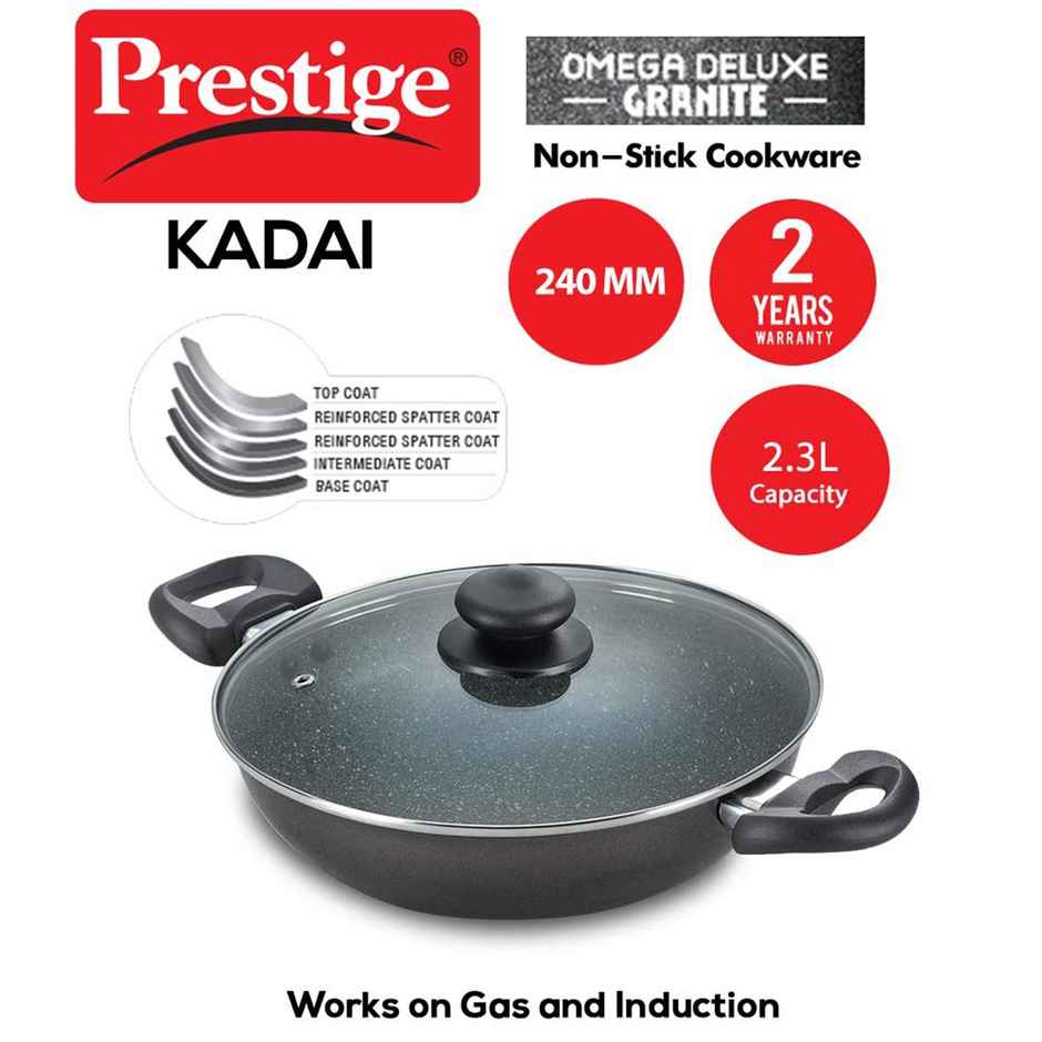 Prestige Omega Deluxe Aluminium Non-Stick Granite Cookware Kadai With Glass Lid,24Cm/2.4L,Black