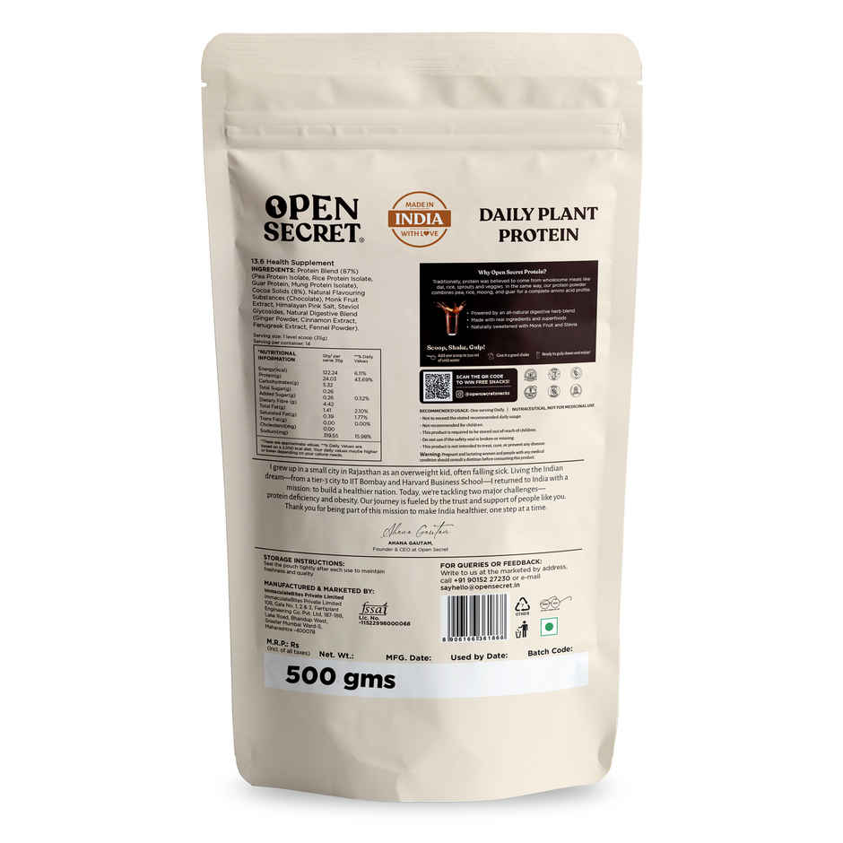 Open Secret Plant Protein | 24g Vegan Protein Per Scoop | Chocolate Flavour | No Refined Sugar