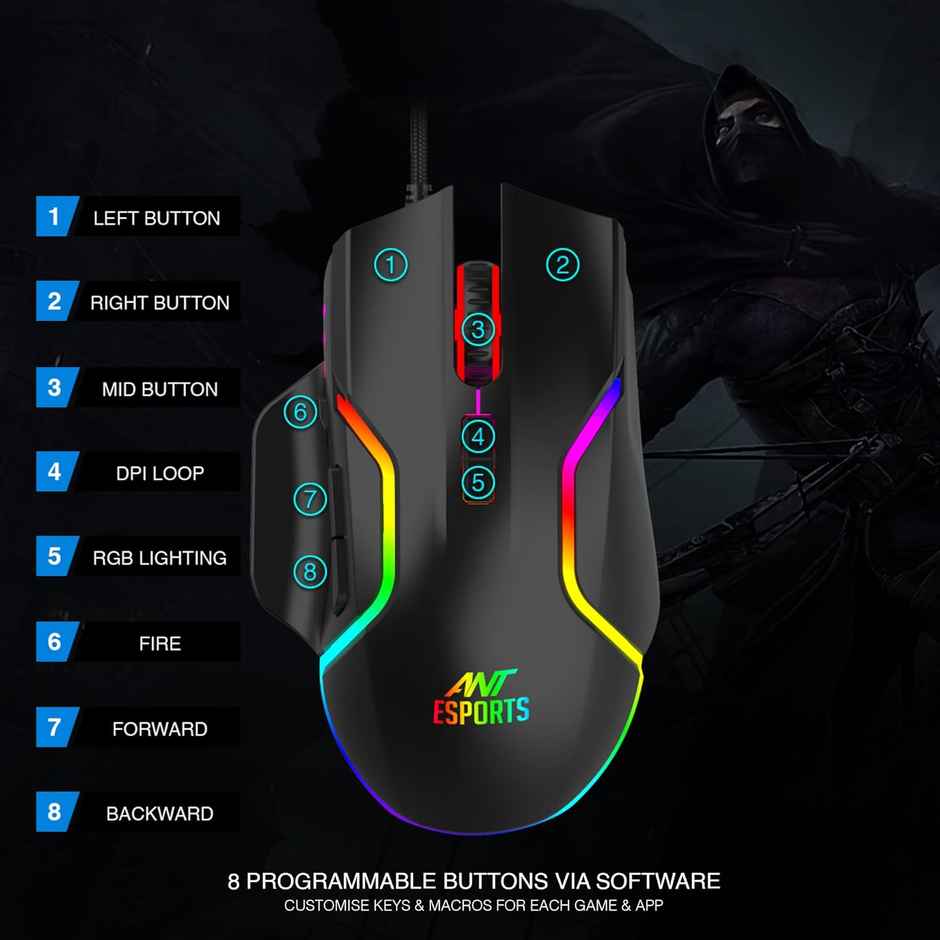 Ant Esports GM320 RGB Optical Wired Gaming Mouse | 8 Programmable Buttons | 12800 DPI I Ergonomic Design with Braided Cable - Black