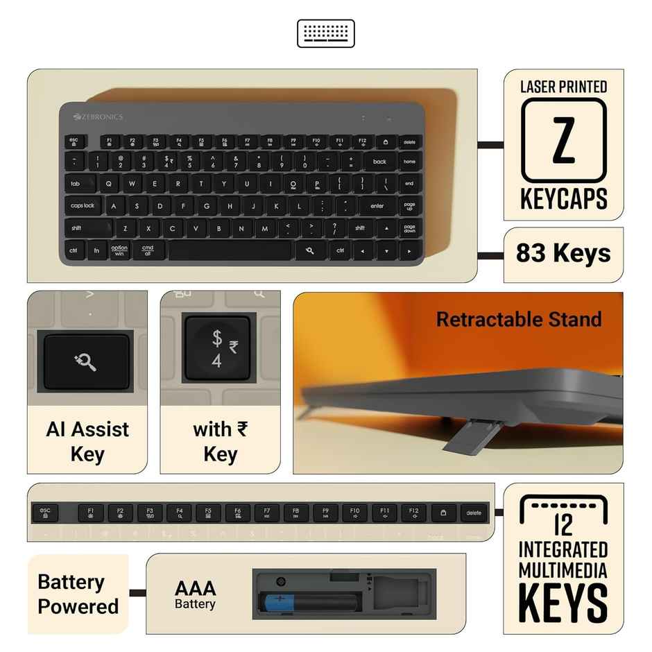 Zebronics Companion 201 2.4Ghz Wireless Keyboard & Mouse Combo, 83 Keys (Black + Grey)