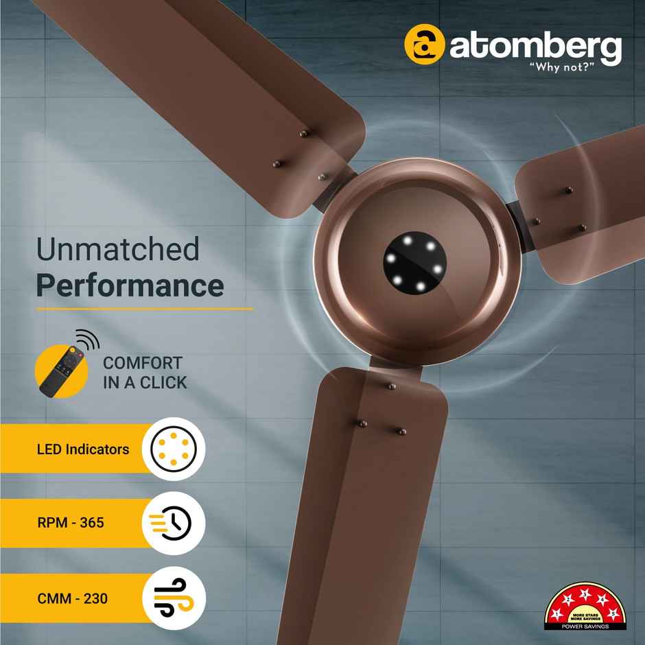 Atomberg Efficio Alpha BLDC Ceiling Fan,1200mm,Remote Control,BEE 5 Star,LED Indicators,Gloss Brown
