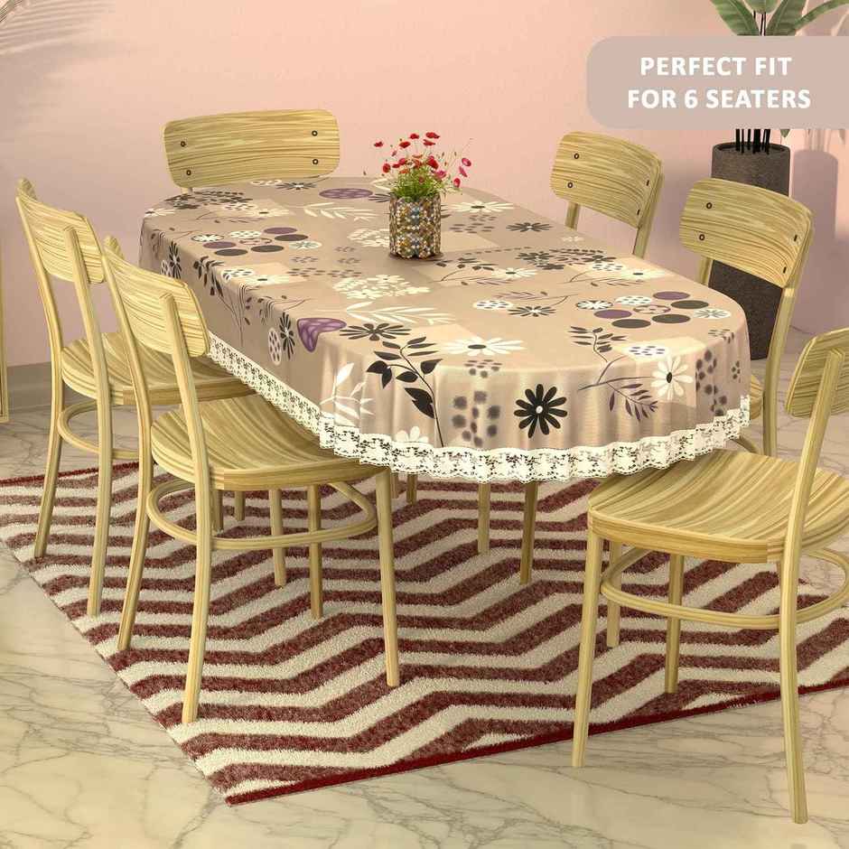 Kuber Industries 60x90 In PVC Oval Dining Table Cover 6 Seater | Flower Circle - Light Brown