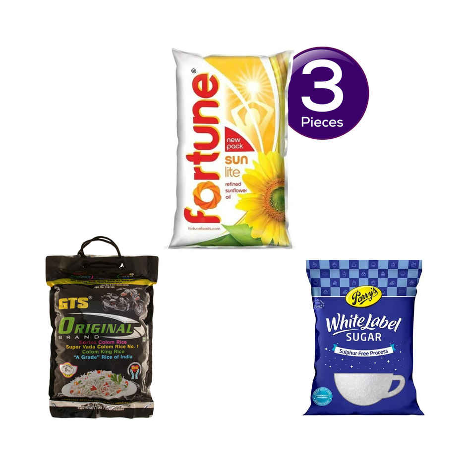 Fortune Sunlite Refined Sunflower Oil (Pouch)(1 l), Gts Original Kolam Rice(5 kg) & Parrys White Label Sugar(1 kg) Combo
