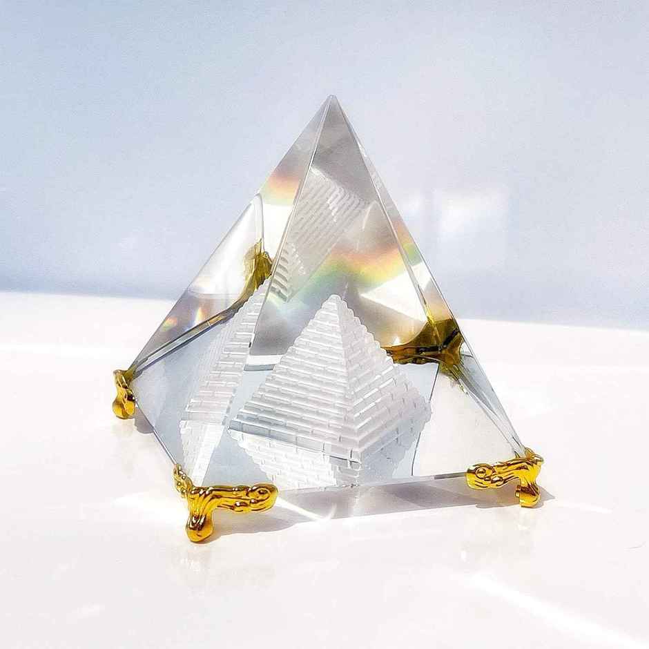 TIED RIBBONS Pyramid Prism FengShui Vastu Showpiece | Transparent & Gold - 2.5 in x 3 in