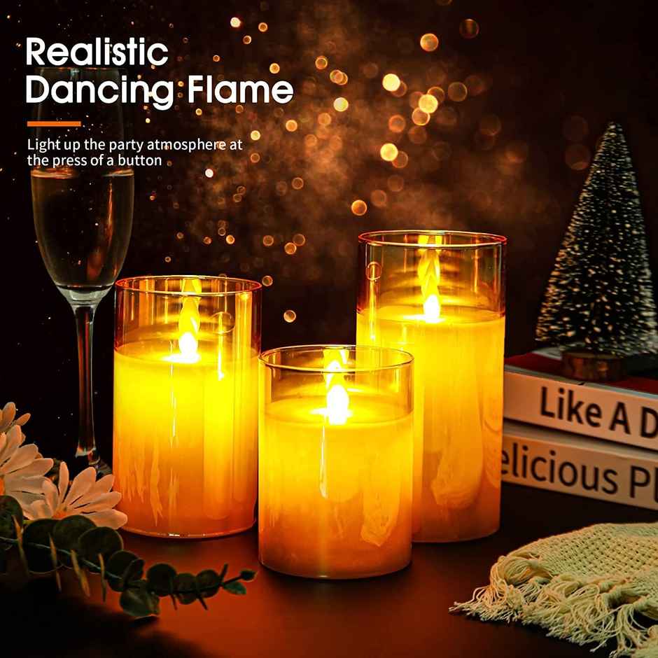 DesiDiya Flameless LED Candles Set of 3 Remote Control Acrylic Glass Candle Flickering Flame
