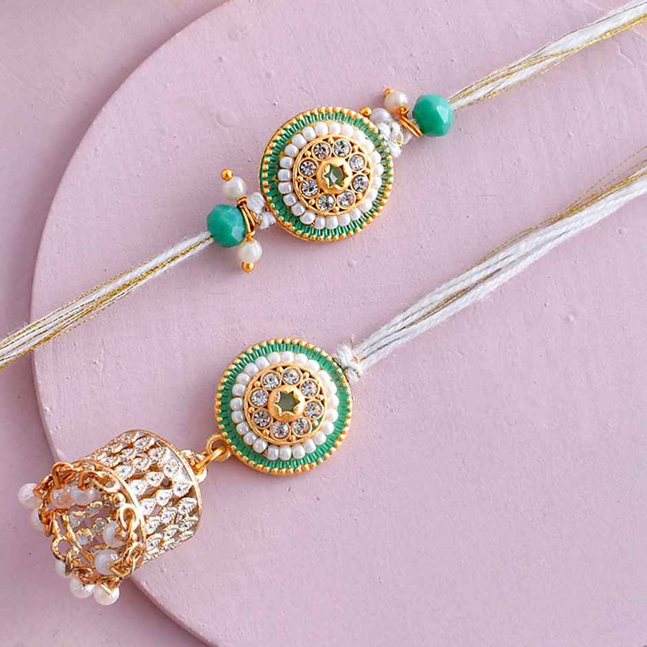 White Pearls And Kundan Bhaiya Bhabhi Lumba Rakhi | Pack of 2 | Voylla
