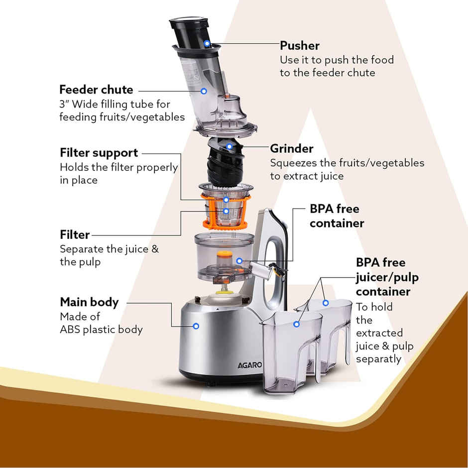 Agaro Imperial Slow Juicer, Professional Cold Press Whole Slow Juicer, 240W, 100% Copper Motor