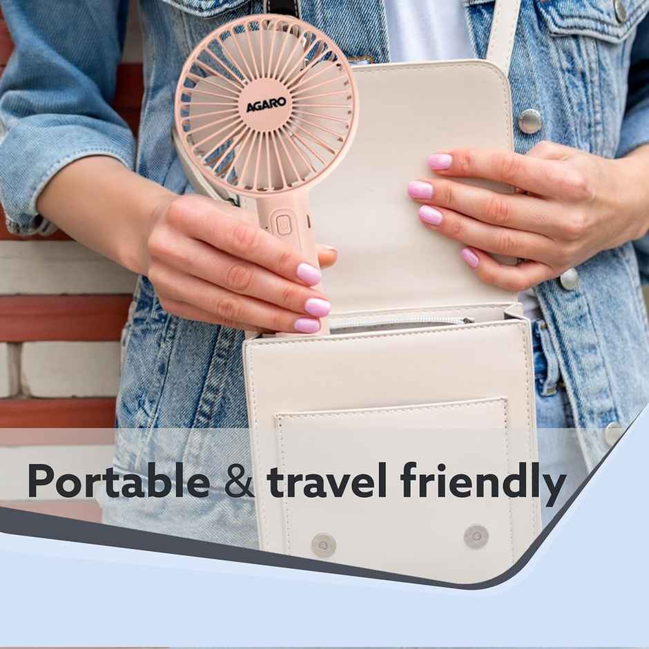 Agaro Elite Mini Portable Fan, 4 Inches, 2000 mAh Battery, 3 Speed Option And Table Dock, Pink