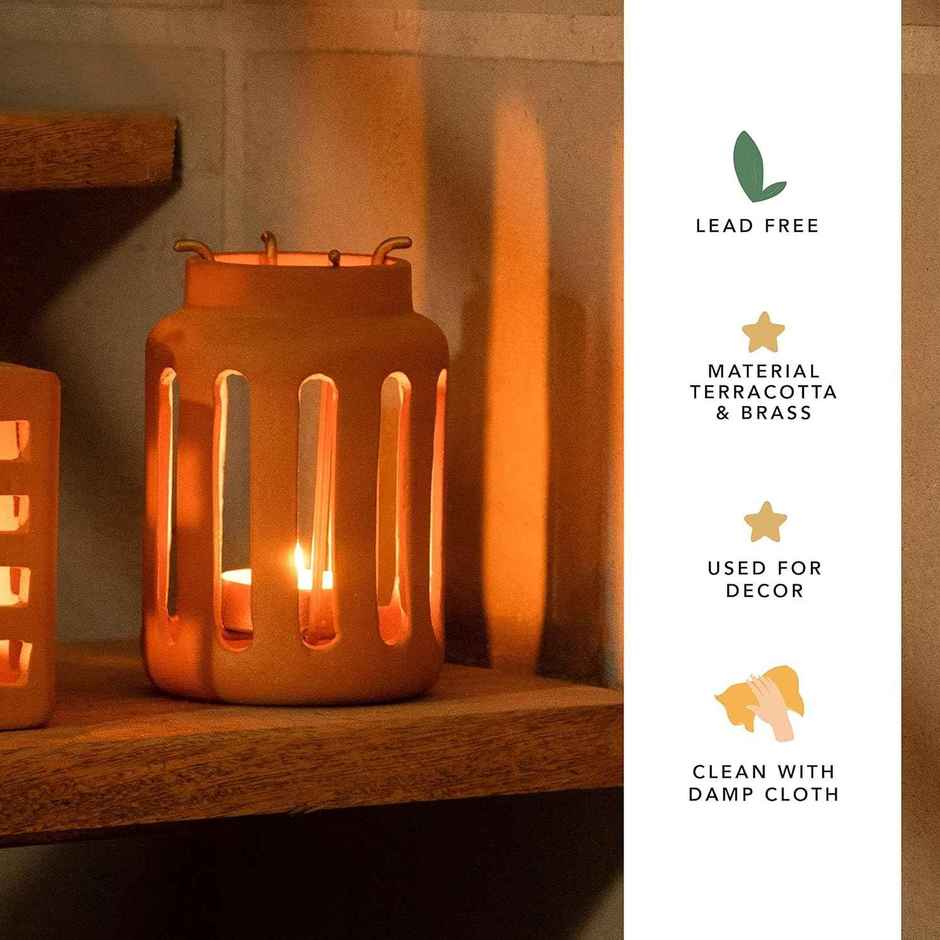 Lupa Terracotta Round Lantern with Metal Handle | Small | Ellementry