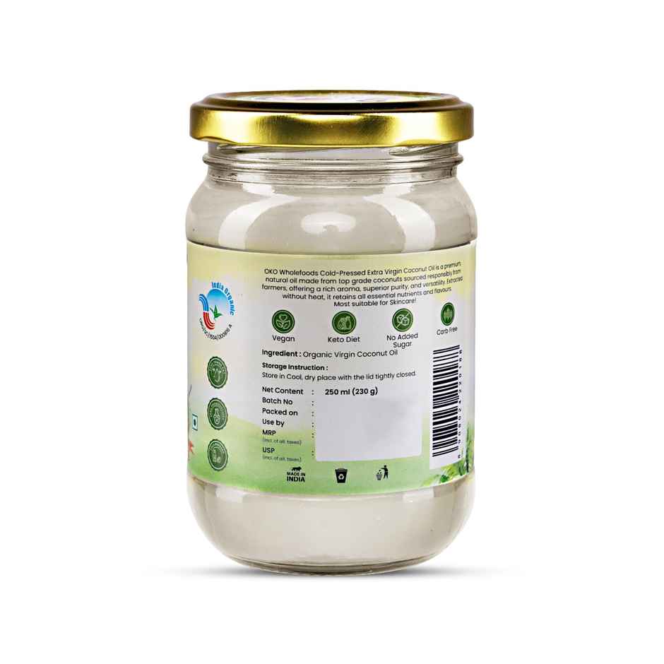 OKO Wholefoods Organic Extra Virgin Coconut Oil | Cold Pressed & Unrefined | Glass Bottle