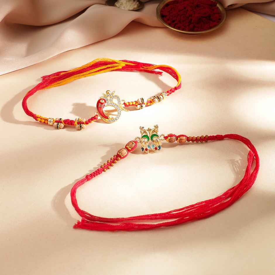 Rubans Gold Toned Set Of 2 Peacock And Om Motif Stone Studded Rakhi