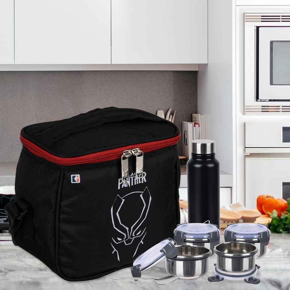 Kuber Industries Rexine Marvel Black Panther Lunch Bag for School with Handle|Black