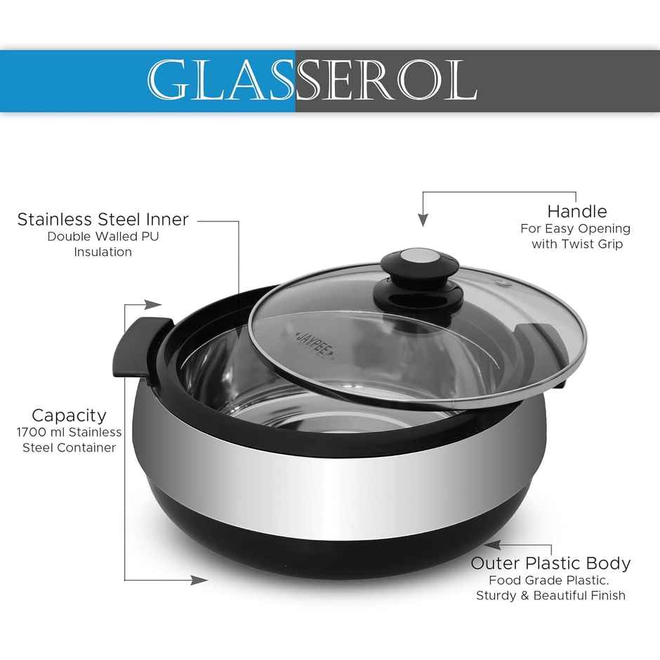 Jaypee Glasserol Serving Casserole|Inner Stainless Steel|PU Insulated | Toughened Glass Lid|Black