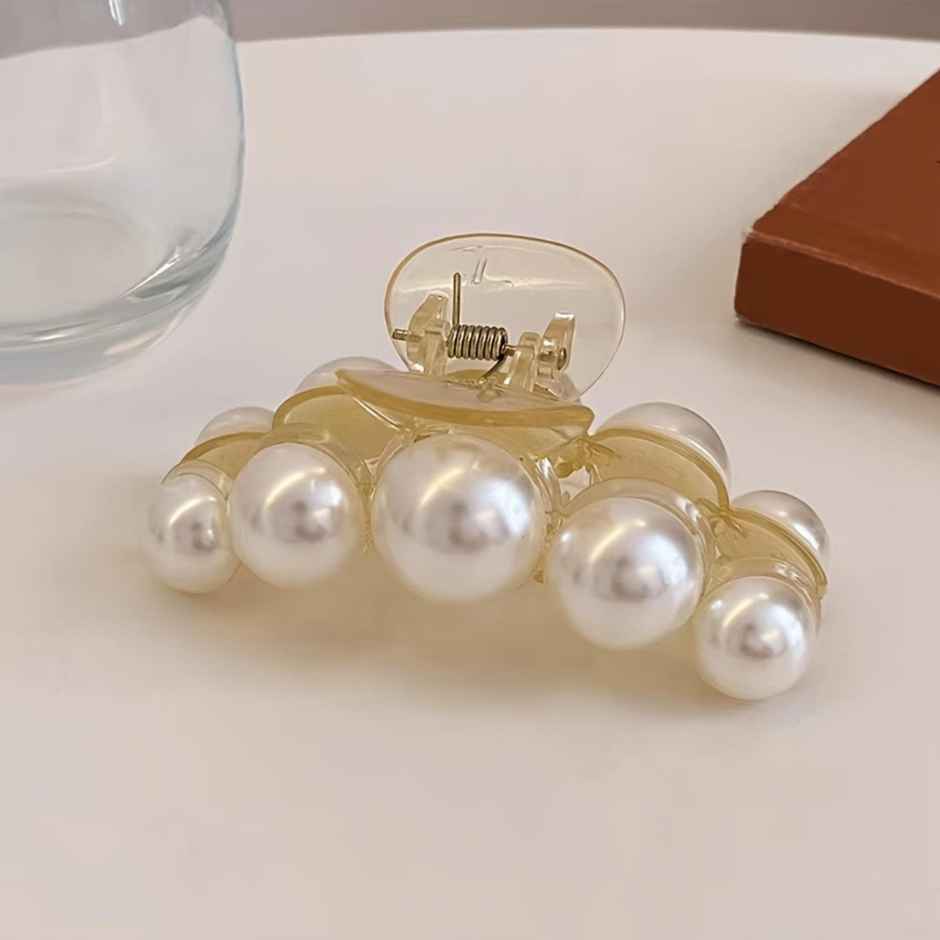 Chronex 1Pc Large Faux Pearl Hair Claw | Chic Acrylic Barrette With Rhinestone Accents | White
