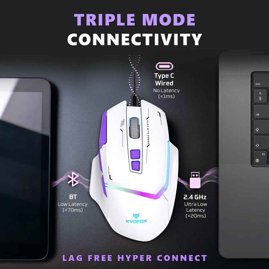 Evofox Banshee Tri-Mode Wireless Gaming Mouse | Pixart Sensor | 10000 DPI | 1000Hz Polling | 8 Buttons