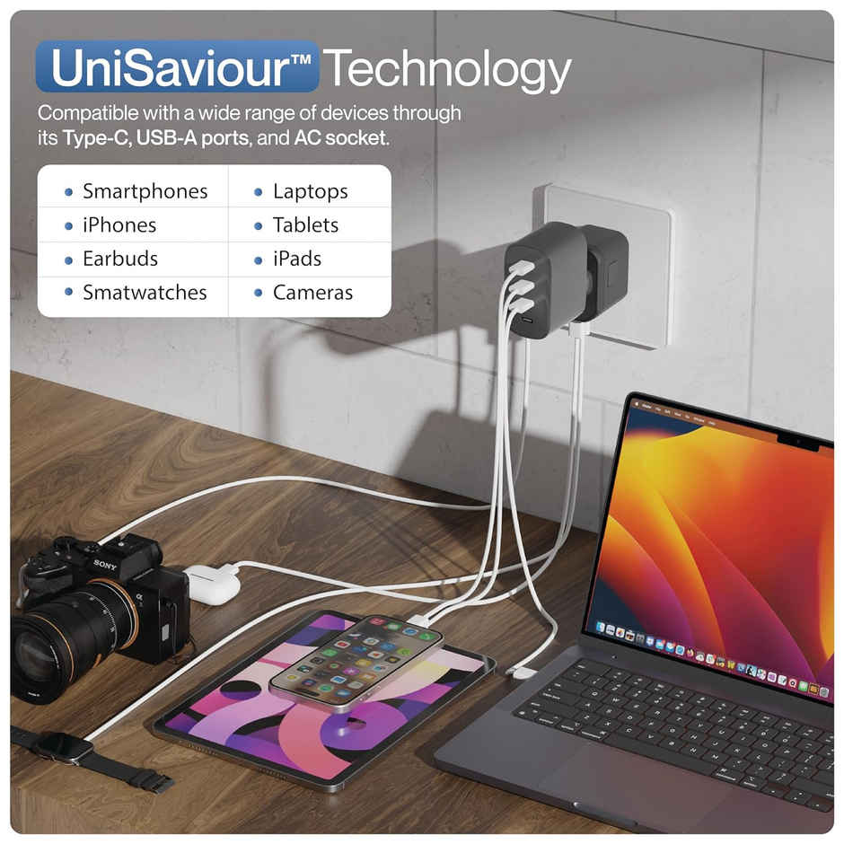 Ambrane (ATA-01) Universal Travel Adapter,4 in 1 Fast Charging; 1 Type C (20W),2 USB (20W) & 1 AC Socket (880W) with 3 Removable Pins for EU,UK and USA/AUS and Other Countries for Modern Travel - Black