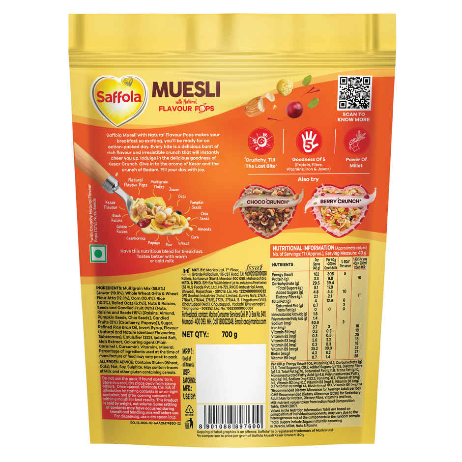 Saffola Muesli Kesar Crunch With Flavour Pops | 15 In 1 Fruit And Nuts | Seeds, Millet & More