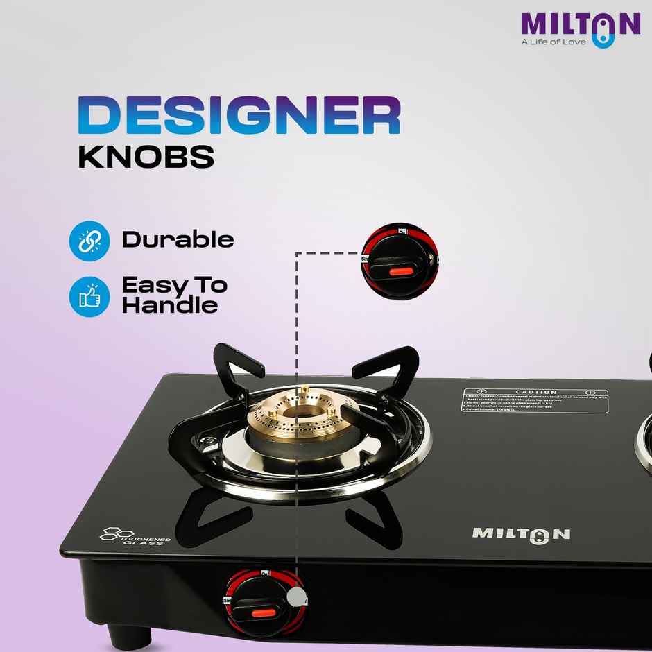 Milton Premium 2 Burner Black Manual Ignition LPG Glass Top Gas Stove, | ISI Certified