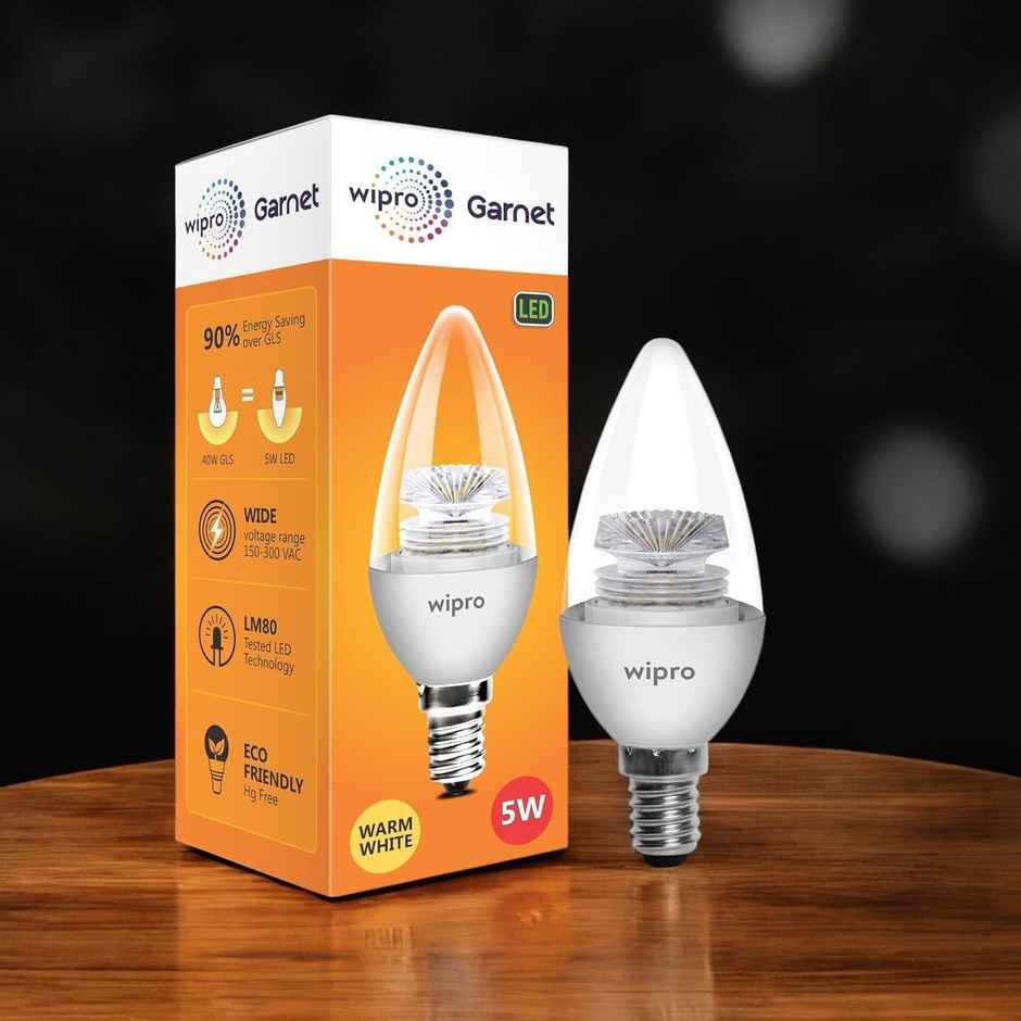 Wipro Garnet 5W LED Candle Bulb | E14 Base | Warm White(2700 K)
