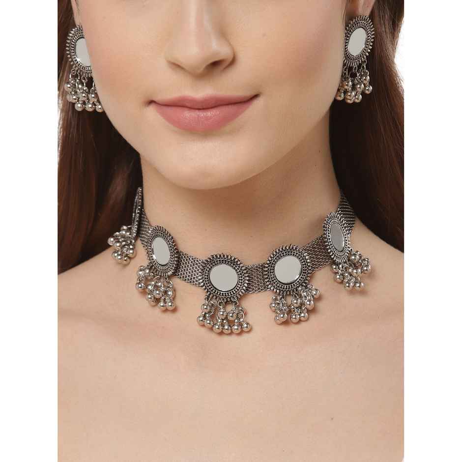 Shining Diva Fashion Stylish Oxidised Silver Tribal Choker Necklace Jewellery Set for Women 12162s