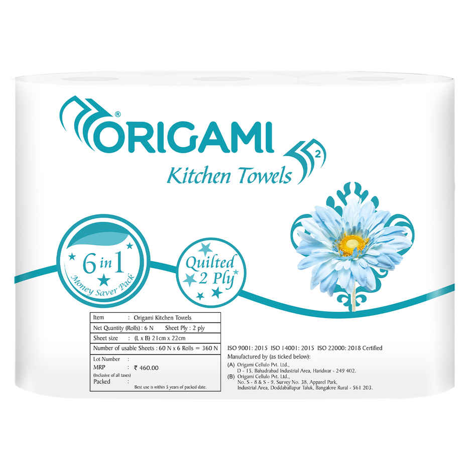 Origami 2Ply Kitchen Tissue Roll Super Absorbent & Tough Pack of 6, 60 Pulls Per Roll