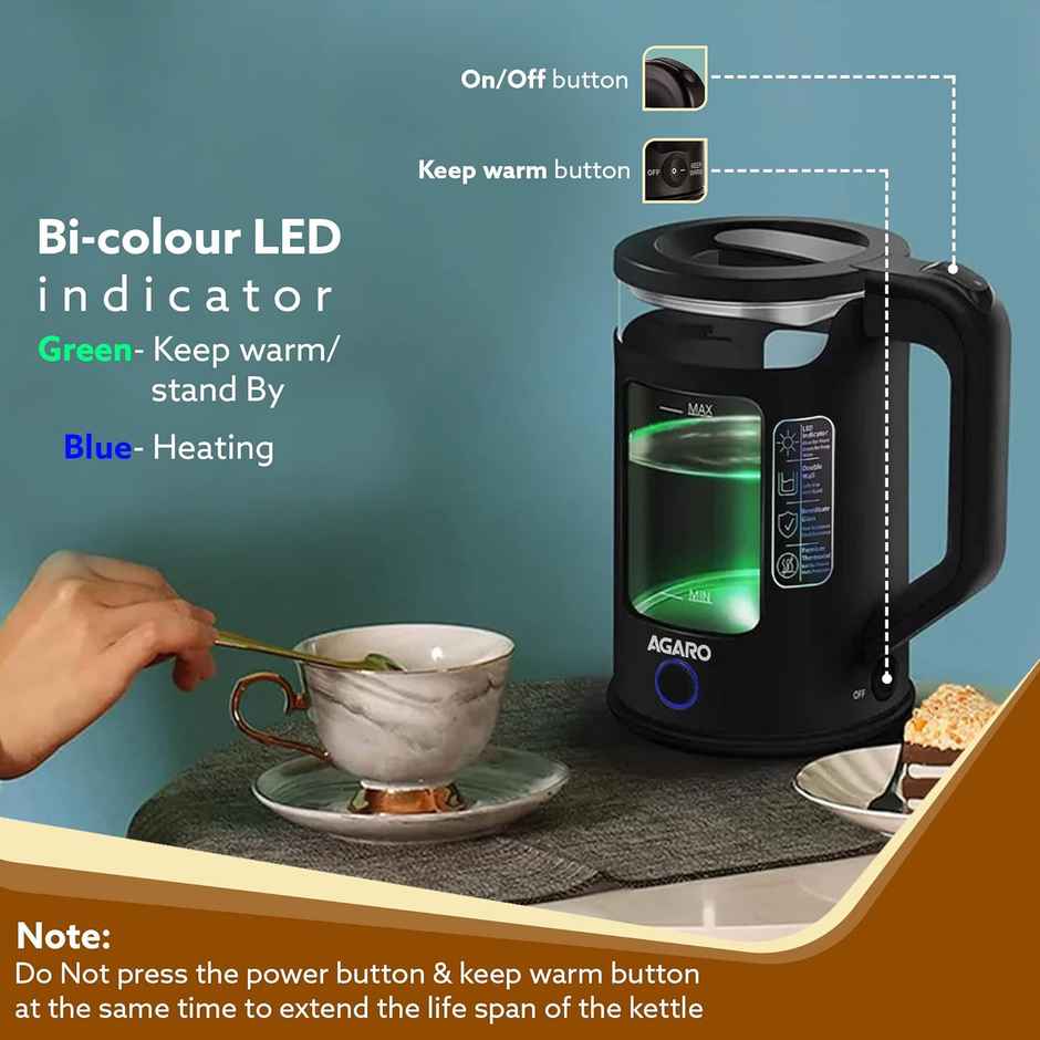 Agaro Galaxy Electric Kettle With Keep Warm Function Free Pp Plastic & Glass Body Bicolor Led, 1.5L