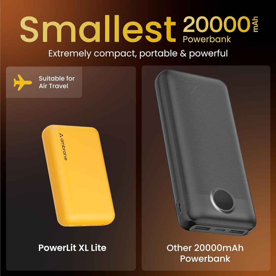 Ambrane 20000 mAh Mini Power Bank with 22.5w Fast Charging, Triple Output (Powerlit xl Lite, Black)